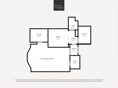 Floor plan for 1 bed, 1 bath, 747 sqft